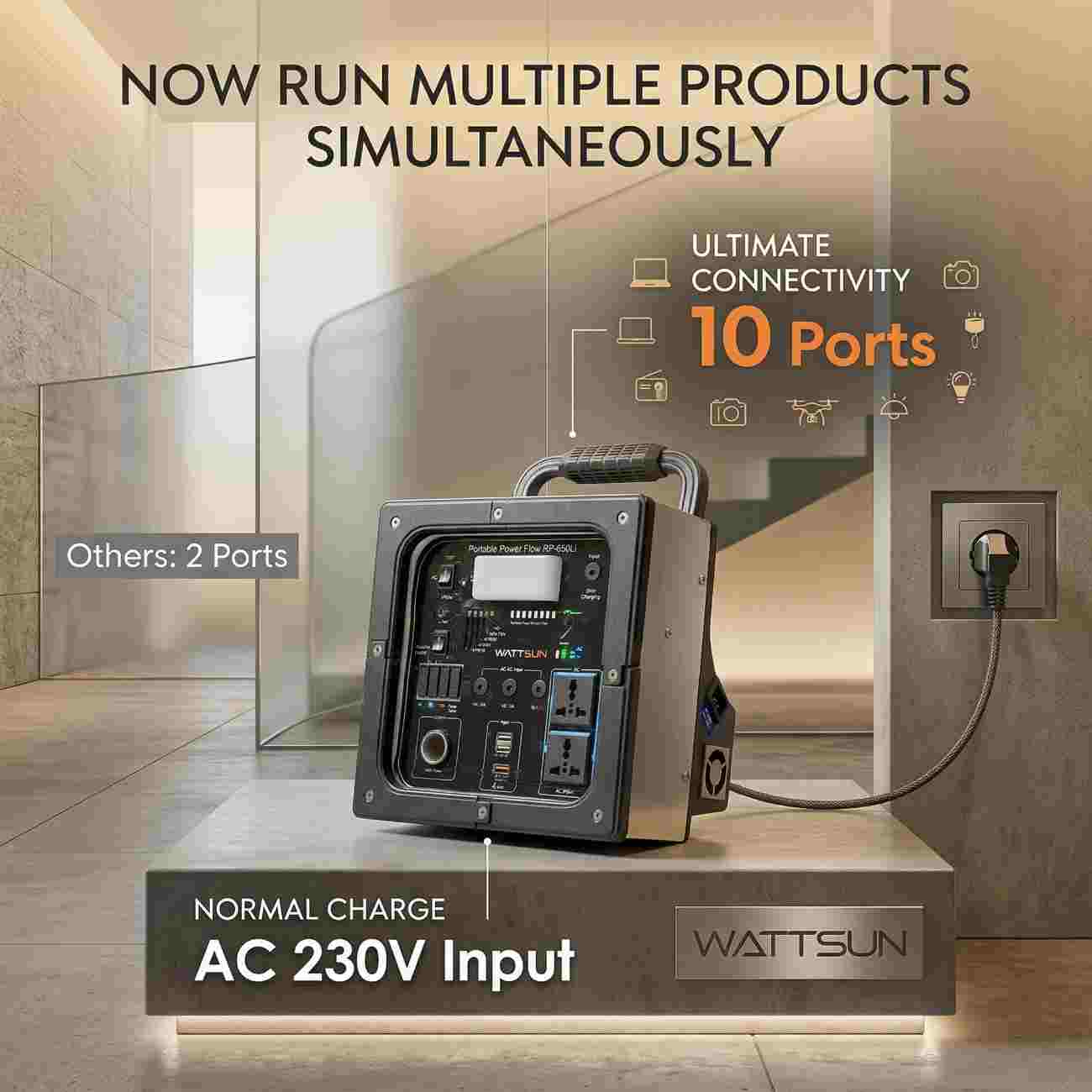 Wattsun 650W Portable Power Station | 268.8Wh Lithium Battery | 10 Output Ports | IP32 Rated